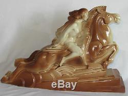 06c23 Old Statue Naked Woman On Horse Ceramic Art Deco Signed Lemanceau