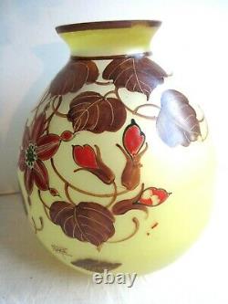 1/a Art Deco Ball Vase, Yellow Glass Enamelled With Flowers Passiflora, Signed Joma