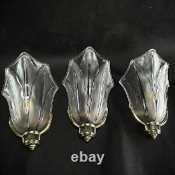 1 of 3 Art Deco Wall Lamp Signed EZAN France Bronze Glass 1940s