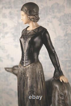 1930 Statue Art Deco Elegant February's Woman Barzoi Menneville & Rochard Uriano