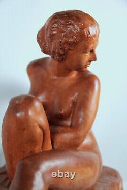 1930 Statue Sculpture Marcel BOURAINE Art Deco Nude Woman Bathing Terracotta