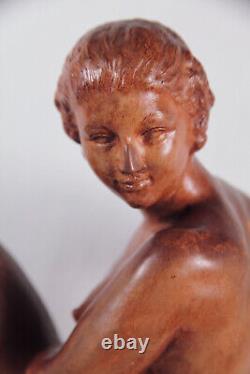 1930 Statue Sculpture Marcel BOURAINE Art Deco Nude Woman Bathing Terracotta