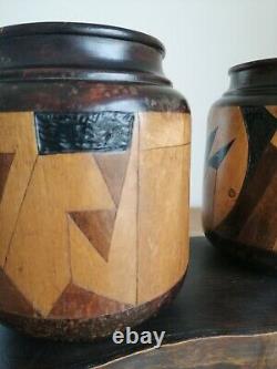 2 Pots Signed Wood Geometric Patterns Marked Cubist Dadaist Circa 1910