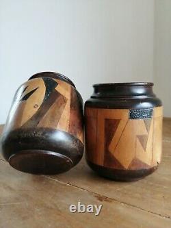 2 Pots Signed Wood Geometric Patterns Marked Cubist Dadaist Circa 1910