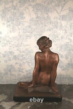 20th Century 1920 Art Deco Seated Nude Woman Statue Signed MAF Plaster with Bronze Patina