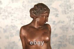 20th Century 1920 Art Deco Seated Nude Woman Statue Signed MAF Plaster with Bronze Patina