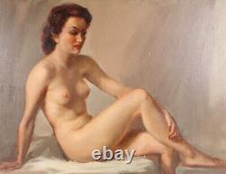 20th Century Female Nude Sitting Oil on Panel 55x43 Signed circa 1940 Art Deco FRANCE ART