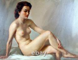'20th Century Seated Female Nude in Oil on Panel 55x43 Signed circa 1940 Art Deco FRANCE ART'