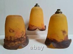 3 Art-deco Tulips In Brown And Orange Colour Glass Signed Degue Era 20th