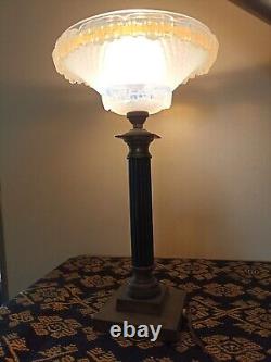 ART DECO LAMP COLUMN BASE bronze OPAL GLASS opalescent Signed EZAN