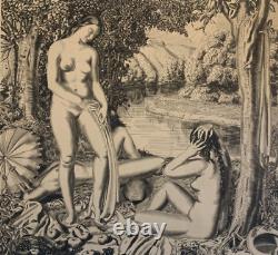 ART DECO Large etching signed Naked Women circa 1925 Large 50 x 60 cm