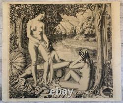 ART DECO Large etching signed Naked Women circa 1925 Large 50 x 60 cm