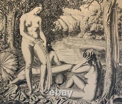 ART DECO Large etching signed Naked Women circa 1925 Large 50 x 60 cm