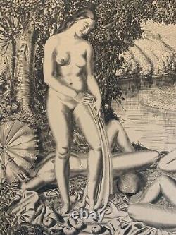 ART DECO Large etching signed Naked Women circa 1925 Large 50 x 60 cm