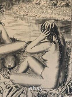 ART DECO Large etching signed Naked Women circa 1925 Large 50 x 60 cm