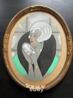 Achille MAUZAN Art Deco painting signed and framed elegant woman portrait