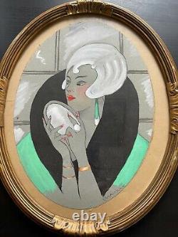 Achille MAUZAN Art Deco painting signed and framed elegant woman portrait