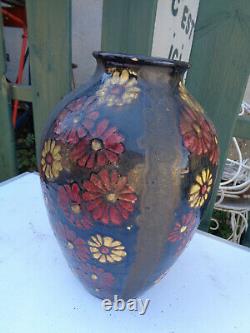 Ancien Grand Vase Art Deco Flowers Simonod Ceramics Glazed Savoie Signed Sispa