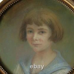 Ancien Pastel Painting On Canvas Art Deco Portrait Young Girl Signed Dated 1919
