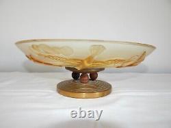 Ancienne Art Deco Fruit Cup In Verse Yellow Decor Cigognes Signed Am