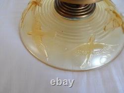 Ancienne Art Deco Fruit Cup In Verse Yellow Decor Cigognes Signed Am