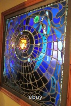 Ancient 1959 Signed Stained Glass Representing The Solar System And Astrologer