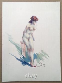 Ancient Art Deco Watercolor Erotic Portrait of a Nude Redheaded Woman, Signed