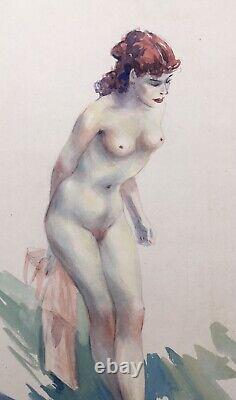 Ancient Art Deco Watercolor Erotic Portrait of a Nude Redheaded Woman, Signed