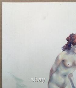 Ancient Art Deco Watercolor Erotic Portrait of a Nude Redheaded Woman, Signed