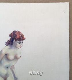 Ancient Art Deco Watercolor Erotic Portrait of a Nude Redheaded Woman, Signed