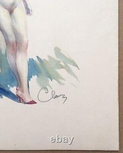 Ancient Art Deco Watercolor Erotic Portrait of a Nude Redheaded Woman, Signed