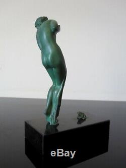 Ancient Guerbe Statuette Woman Frog. Art Deco. Max Le Verrier. Signed