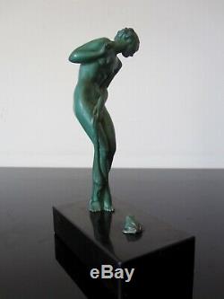 Ancient Guerbe Statuette Woman Frog. Art Deco. Max Le Verrier. Signed