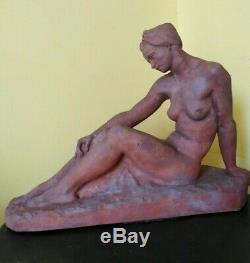 Ancient Sculpture Terracotta Bust Art Deco Woman Naked With Headband Statue 1942