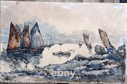 Ancient Watercolor Signed by Fernand Herbo Sailboat in Trébeurden Brittany 50x33cm