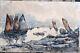 Ancient Watercolor Signed By Fernand Herbo Sailboat In Trébeurden Brittany 50x33cm