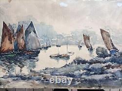 Ancient Watercolor Signed by Fernand Herbo Sailboat in Trébeurden Brittany 50x33cm