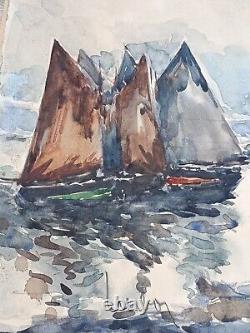 Ancient Watercolor Signed by Fernand Herbo Sailboat in Trébeurden Brittany 50x33cm