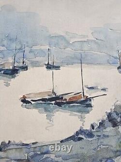 Ancient Watercolor Signed by Fernand Herbo Sailboat in Trébeurden Brittany 50x33cm