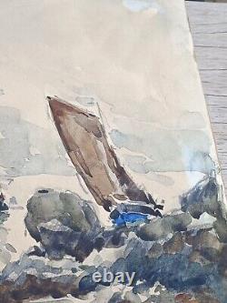 Ancient Watercolor Signed by Fernand Herbo Sailboat in Trébeurden Brittany 50x33cm