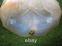 Ancient superb bird-themed basin, opalescent glass, unsigned Art Deco chandelier