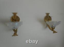 Antique brass sconce signed EZAN FRANCE with opalescent art deco bowl
