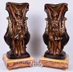 Around 1920-1930, P SEGA Paul Pair of Candlesticks Women holding Veil Signed Art Deco