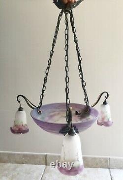 Art Deco 1930 Chandelier, Glass Paste And Wrought Iron, Signed Muller, Lamp Suspension