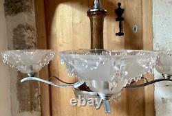Art Deco Chandelier Signed Ezan France, 4 Arms, Metal And Pressed Glass- 1930