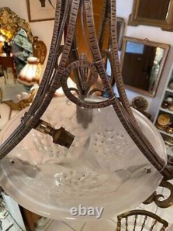 Art Deco Chandelier Signed Ros, Frame Iron Forged Grapes, 3 Tulips Vasque Hortensias