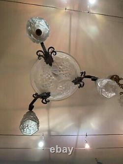 Art Deco Chandelier Signed Ros, Frame Iron Forged Grapes, 3 Tulips Vasque Hortensias