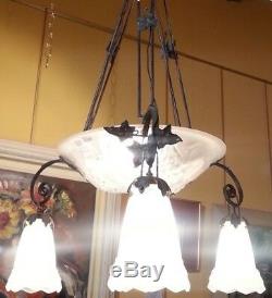 Art Deco Chandelier With Cup And Three Signed Tulips Degué 80 CM Height