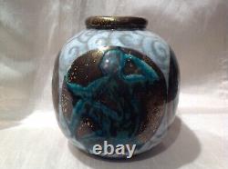 Art Deco Cracked Ceramic Vase With Signed Woman's Body Decoration