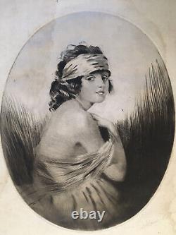 Art Deco Engraving Signed by William Ablett Sensual Portrait of a 19th Century Fashionable Woman